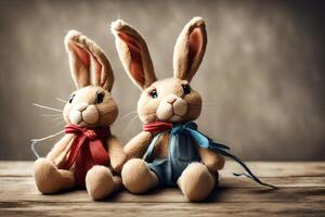 AI generated two stuffed rabbits sitting on a wooden table photo