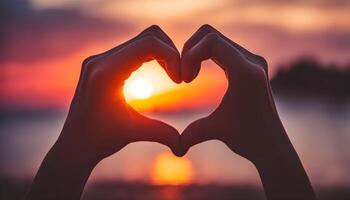 AI generated hands making heart shape with sunset in background photo