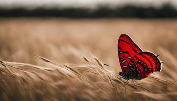 ai generado un rojo mariposa se sienta en el césped en un campo foto