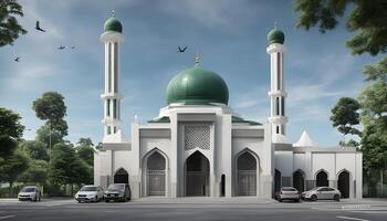 AI generated a white and green mosque with a green dome photo