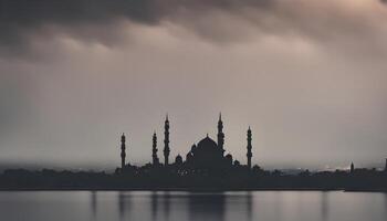 AI generated a silhouette of a mosque in the middle of a stormy sky photo