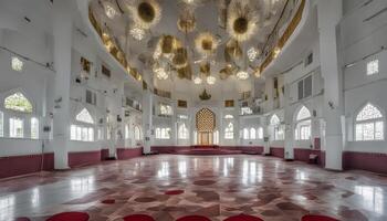 ai generado el interior de un mezquita con rojo y blanco pisos foto