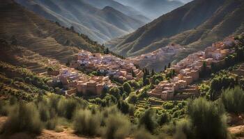 ai generado el pueblo de adherido en el montañas foto