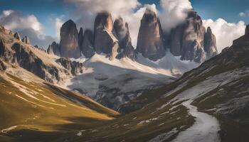 ai generado el montañas son cubierto con nubes y nieve foto