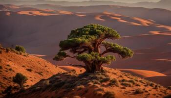ai generado un solitario árbol soportes en el medio de un Desierto foto