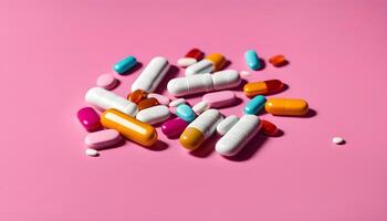 AI generated many different colored pills on a pink background photo