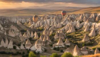 AI generated hot air balloons flying over the valley of cappadocia photo