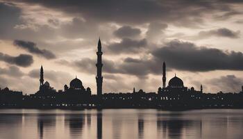 ai generado silueta de un mezquita en el medio de un lago foto