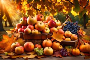 ai generado otoño Fruta y vegetales en un cesta en un mesa foto