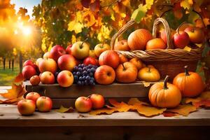 ai generado un cesta lleno de manzanas, uvas y otro frutas en un mesa foto