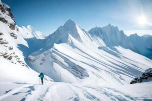ai generado un persona caminando arriba un Nevado montaña foto