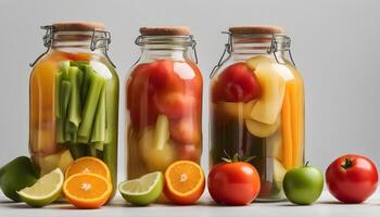 AI generated three jars filled with vegetables and fruits photo