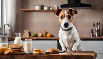 ai generado un perro es en pie en un mesa con panqueques y Leche foto