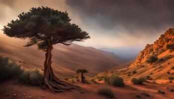 ai generado un solitario árbol soportes en el medio de un Desierto foto