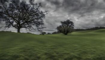 AI generated a field with trees and a sky with clouds photo