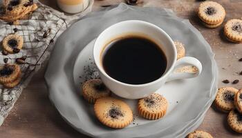 AI generated coffee and cookies on a wooden table photo