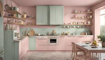 ai generado un rosado y verde cocina con un mesa y sillas foto