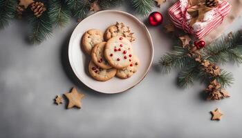 AI generated christmas cookies on a plate with christmas decorations photo