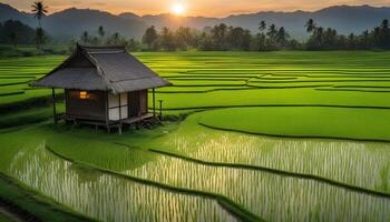AI generated a hut in the middle of a rice field at sunset photo