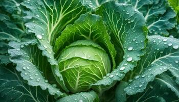 ai generado un cerca arriba de un repollo con agua gotas foto