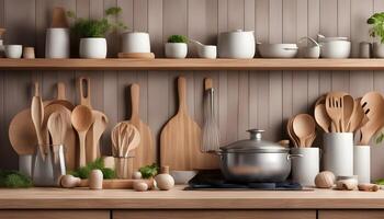 AI generated a kitchen with wooden utensils and pots on shelves photo
