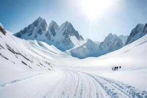 ai generado personas caminando en el nieve en frente de montañas foto