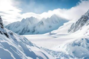 ai generado un Nevado montaña rango con un grande nieve cubierto montaña foto