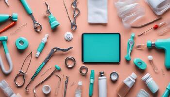 AI generated a collection of medical supplies arranged on a pink background photo