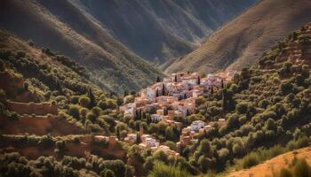 ai generado un pueblo en el montañas con un montaña rango en el antecedentes foto