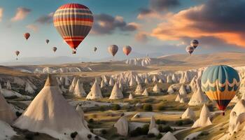 AI generated many hot air balloons are flying over a mountain range photo