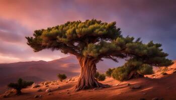 ai generado un solitario árbol soportes en el Desierto a puesta de sol foto