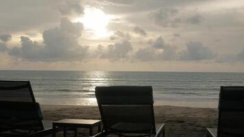 luxe strand lounge bedden Aan wit zand strand. strand met kokosnoot boom in Thailand met zonnig zomer weer terwijl zonsondergang vanille lucht tijd video