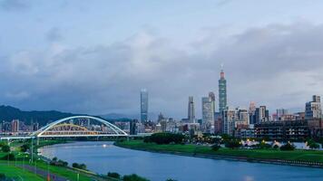 Zeitraffer horizontal Landschaft Aussicht von das Taipeh Hauptstadt Stadt von das Taiwan mit Hochhaus Wolkenkratzer Gebäude unter Sonnenuntergang Dämmerung Himmel Zeit video