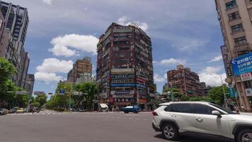 street view at intersection with pedestrian buses and cars traffic transportation surrounding with modern buildings video