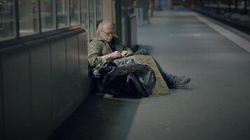 Depressed Unemployed Senior Homeless Beggar Being Poor After Job Loss video