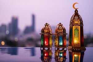 Selective focus on big lantern with dusk sky and city bokeh light background for the Muslim feast of the holy month of Ramadan Kareem. photo