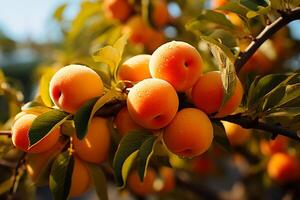 AI generated Fresh and wet apricots on the tree.Close up view in sunlight photo