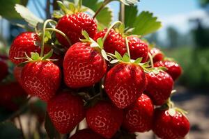 ai generado Fresco fresas en el arbol.cerrar arriba ver en luz de sol foto