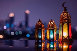 Selective focus on big lantern with night sky and city bokeh light background for the Muslim feast of the holy month of Ramadan Kareem. photo