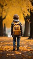 AI generated Autumn wanderlust Little boy with backpack strolls through park Vertical Mobile Wallpaper photo