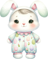 AI generated Easter bunny in a cute egg-print onesie, complete with a cozy hood and a warm, inviting smile png