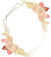 Floral decoration vector frame. mawar, pampas grass wedding wreath. Exotic dry flowers, palm leaves boho invitation card.