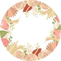 Floral decoration vector frame. mawar, pampas grass wedding wreath. Exotic dry flowers, palm leaves boho invitation card.