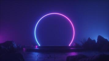 Neon Glowing Circle Frame on Foggy Stage Loop video