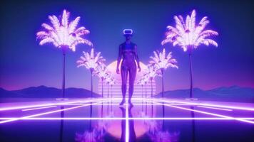 Female Character Walking Between Neon Glowing Palm Trees Synthwave Backdrop Loop video