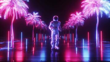astronauta in esecuzione fra neon raggiante palme video
