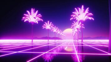 gloeiend palmen en weg synthwave achtergrond video