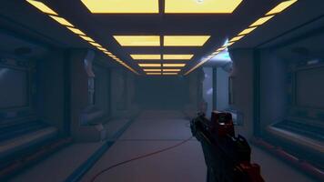 First person 3D mock up animation of sci fi space shooter. Walking and killing aliens video