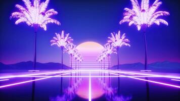 synthwave strada con neon raggiante palma alberi sfondo video