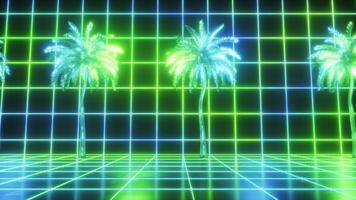 synthwave achtergrond van neon gloeiend palmen en hebzucht video